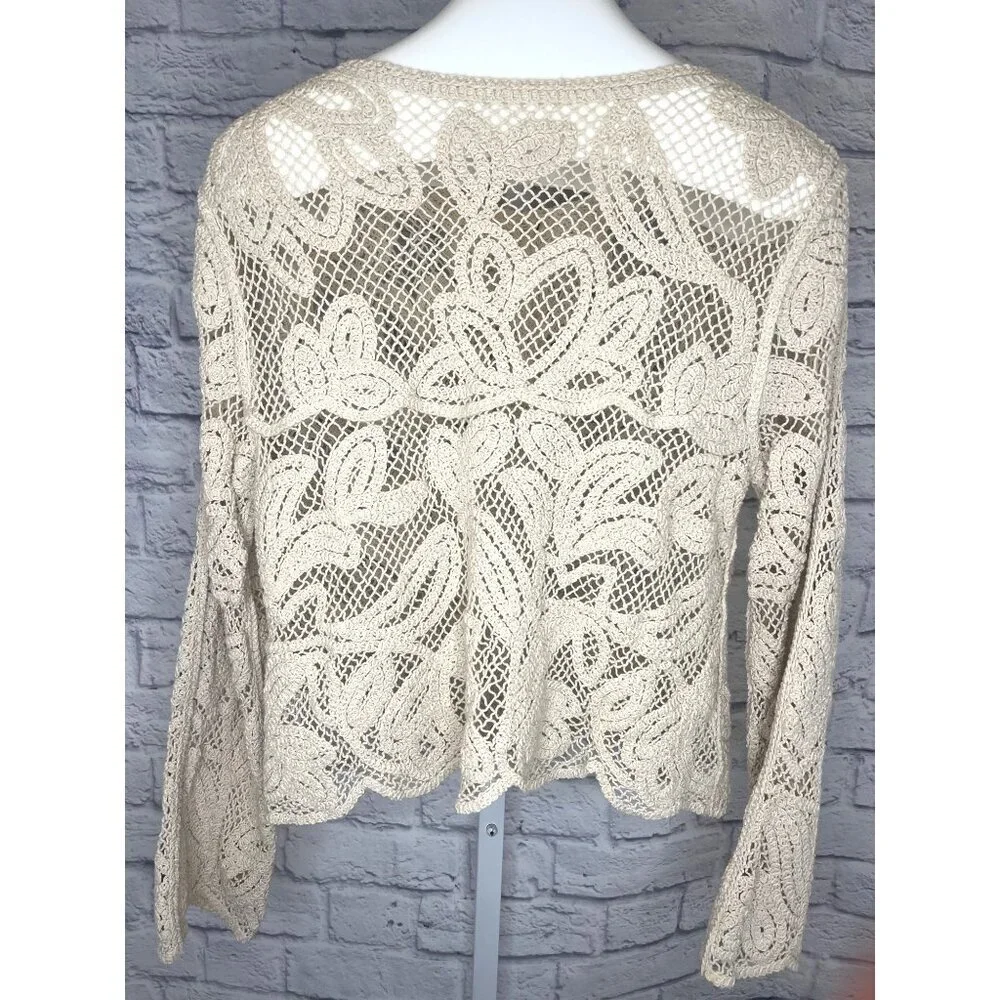 Boho Knit Cardigan Sweater Beige Size MED Ladies Crochet Button Down - Picture 2 of 7